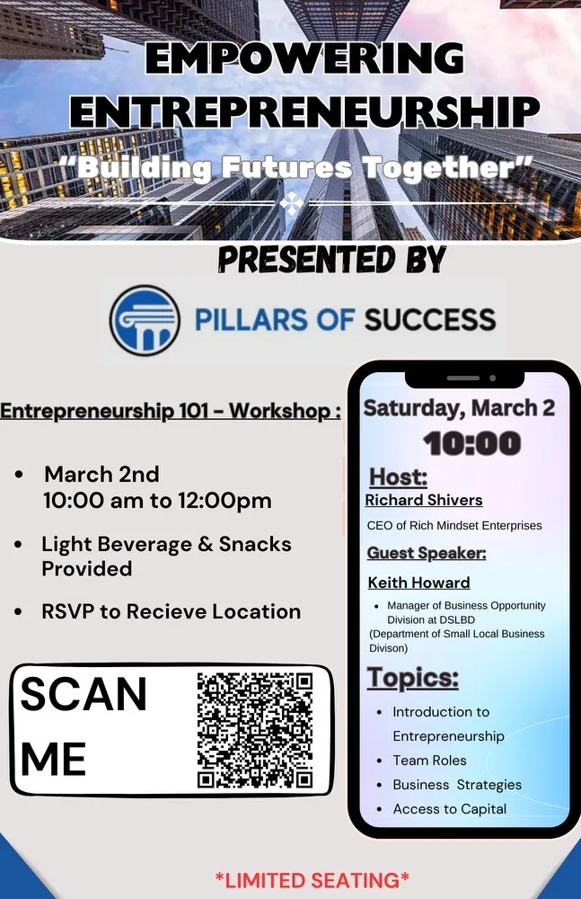 Pillars of Success entrepreneurship workshop announcement